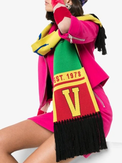 Shop Versace Fringed Logo Scarf In Yellow