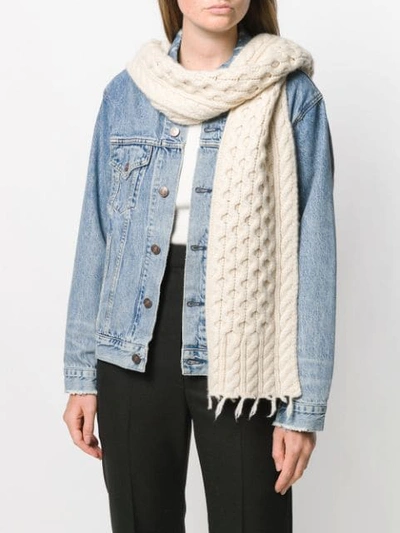 Shop Alanui Cable-knit Fringed Scarf In White