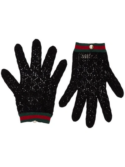 GUCCI BLACK CROCHET PEARL BUTTON GLOVES - 黑色