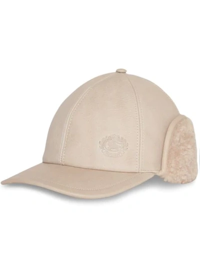 Shop Burberry Leather And Shearling Cap In Neutrals