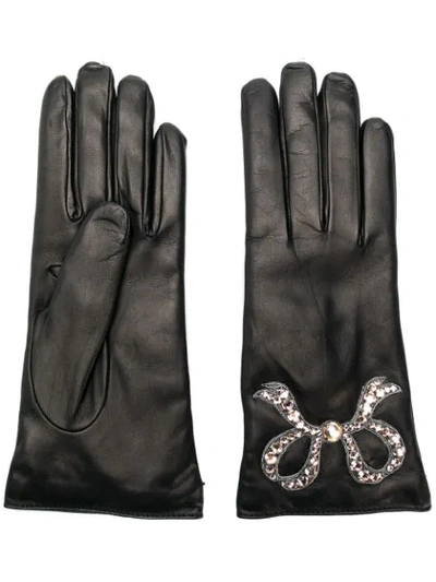 Shop Gucci Leather Gloves With Bow In Black