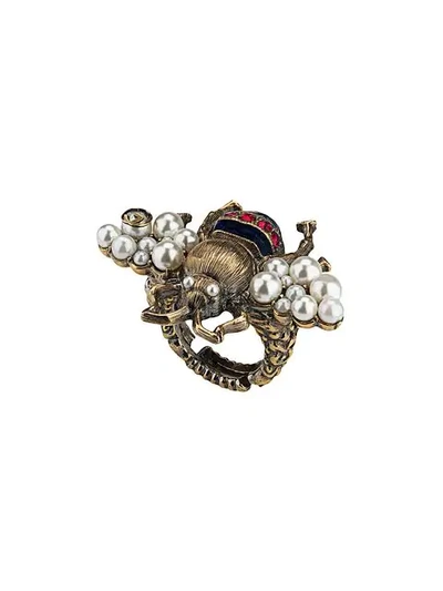 Shop Gucci Bee Ring With Crystals And Pearls In Gold