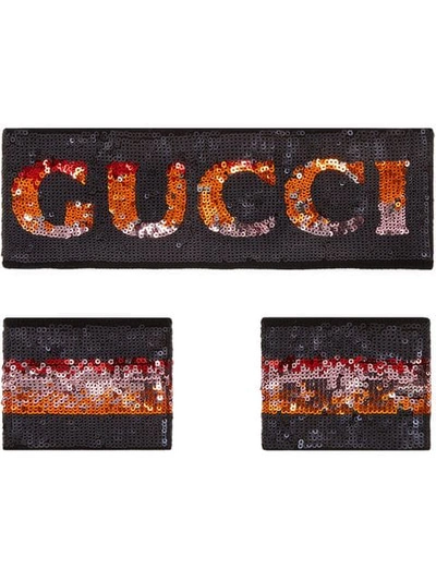Shop Gucci Sequin Logo Headband And Wrist Cuffs In Black