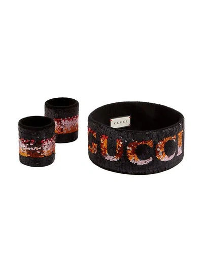 Shop Gucci Sequin Logo Headband And Wrist Cuffs In Black