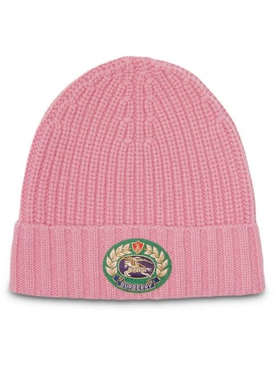 Shop Burberry Embroidered Crest Rib Knit Wool Cashmere Beanie In Pink