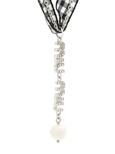Shop Miu Miu Swarovski Crystal Logo And Pearl Necklace In Metallic