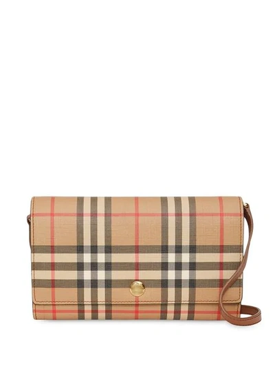 Shop Burberry Vintage Check Wallet With Detachable Strap In Brown