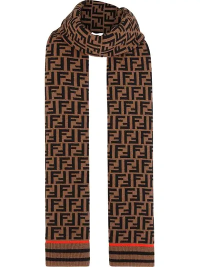 Shop Fendi Ff Motif Knit Scarf In Brown