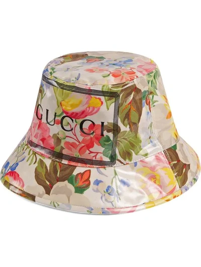 Shop Gucci Floral Print Logo Bucket Hat In 9000 Bianco