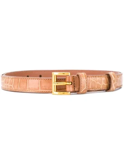 Shop Prada Embossed Slim Belt In Brown