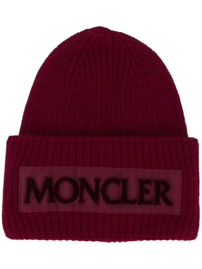 Shop Moncler Rib Knit Logo Beanie In Red