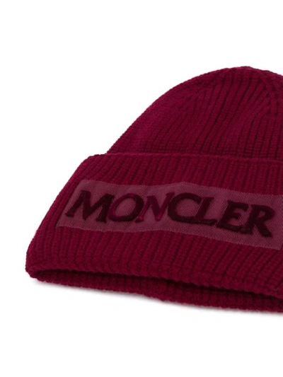 Shop Moncler Rib Knit Logo Beanie In Red