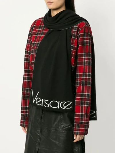 Shop Versace Logo Embroidered Scarf - Black