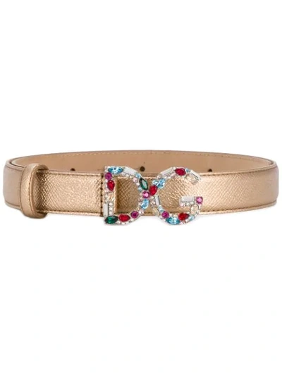 Shop Dolce & Gabbana Crystal Logo Buckle Saffiano Belt In Metallic