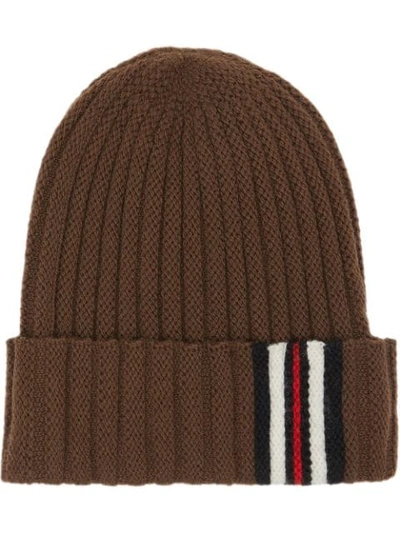 BURBERRY BROWN RIBBED STRIPE WOOL BEANIE HAT - 棕色