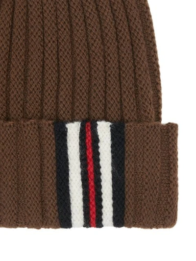 BURBERRY BROWN RIBBED STRIPE WOOL BEANIE HAT - 棕色