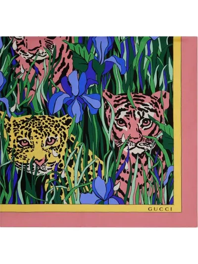 Shop Gucci Seidenschal Mit "feline Garden"-print In Green