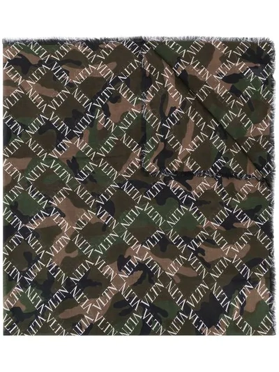 Shop Valentino Camouflage Logo Grid Print Scarf In Green