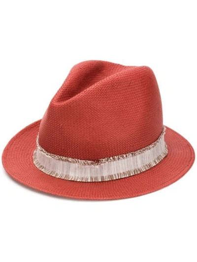 Shop Fabiana Filippi Frayed Strap Woven Hat In Red