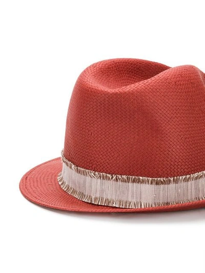 Shop Fabiana Filippi Frayed Strap Woven Hat In Red