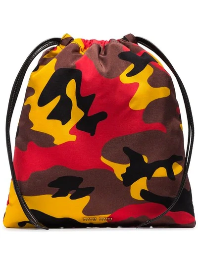 Shop Miu Miu Red, Yellow And Brown Camo Print Drawstring Bag