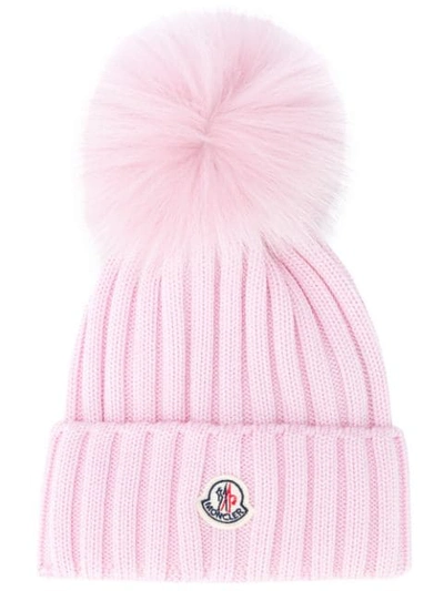 Shop Moncler Ribbed Pompom Beanie In 512 Pink