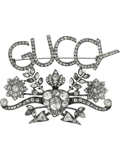 Shop Gucci Guccy Crystal Brooch In Metallic