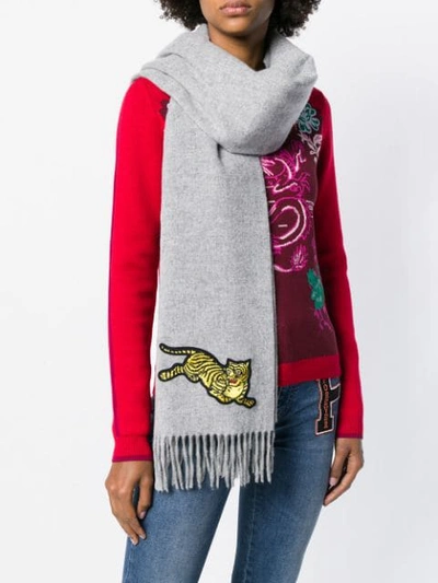 Shop Kenzo Tiger Embroidered Scarf In Grey