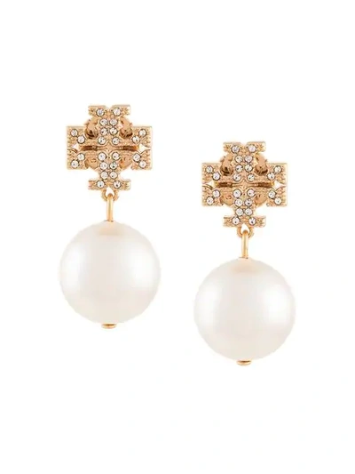 Shop Tory Burch Crystal Logo Pearl Drop Earrings In White