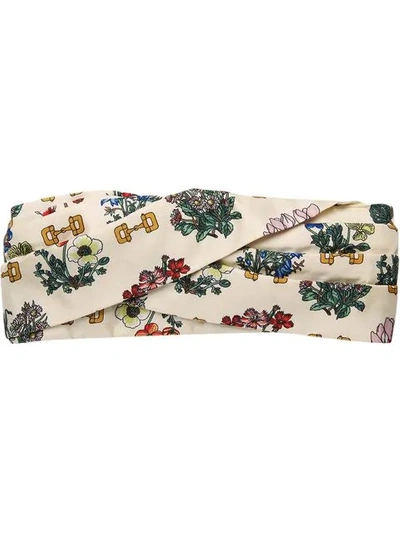 Shop Gucci Headband With Flowers And Stirrups Print In 9274 Ivory