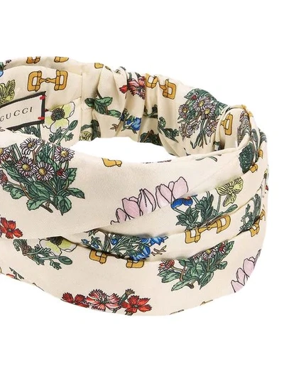 Shop Gucci Headband With Flowers And Stirrups Print In 9274 Ivory