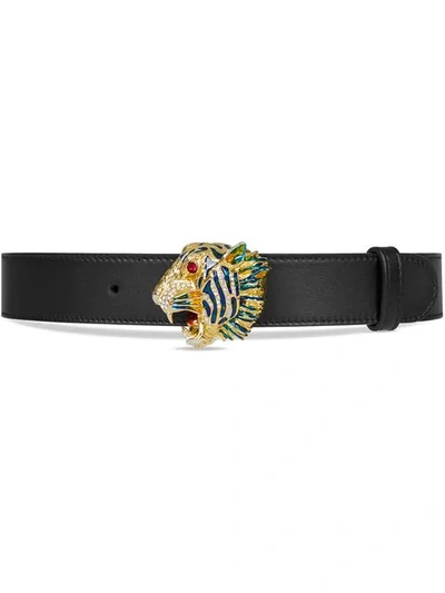 Shop Gucci Leather Belt With Tiger Head In Black