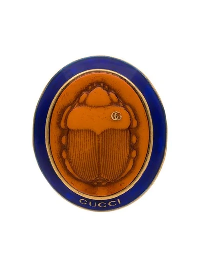 Shop Gucci Orange And Blue Beetle Cameo Brooch In 8519 Orange/blue