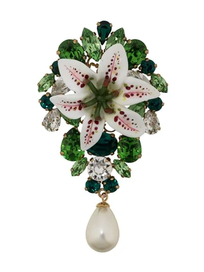 Shop Dolce & Gabbana Flower Embellished Brooch In Green
