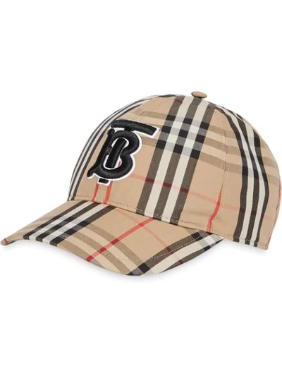 Shop Burberry Embroidered Monogram Vintage Check Baseball Cap In Brown