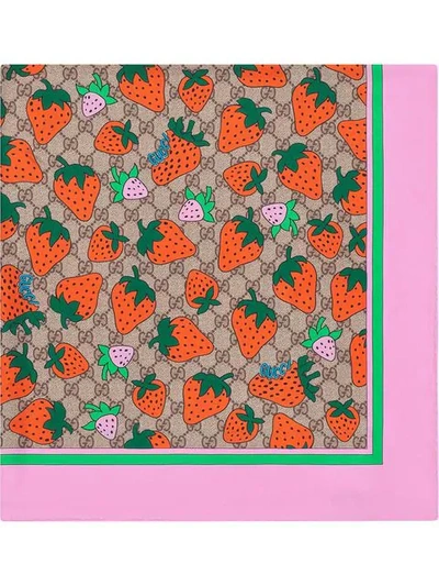 Shop Gucci Gg Scarf With  Strawberry Print In Pink