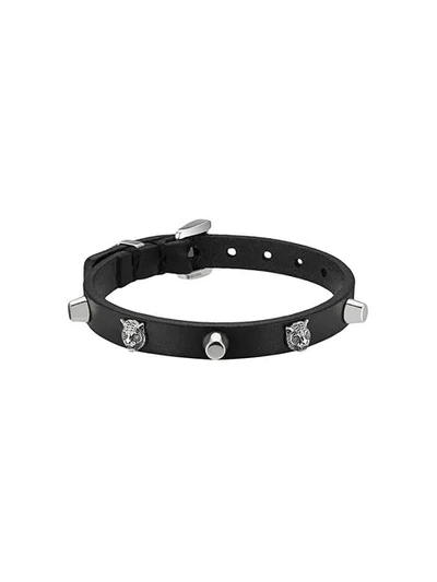 Shop Gucci Leather Bracelet With Feline Heads In Black