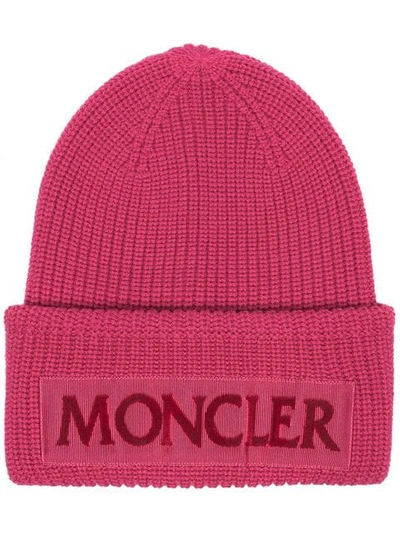 Shop Moncler Pink Logo Wool Beanie