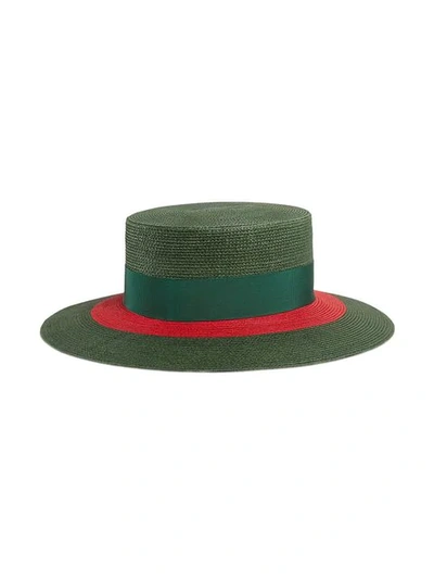 GUCCI 缎带条纹宽檐帽 - 绿色