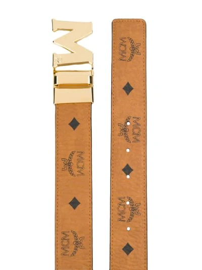 Shop Mcm M Buckle Logo Print Belt In Brown
