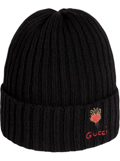 Shop Gucci Wool Hat With Pierced Heart In 1000 Nero