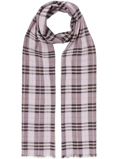 Shop Burberry Vintage Check Lightweight Wool Silk Scarf In Purple