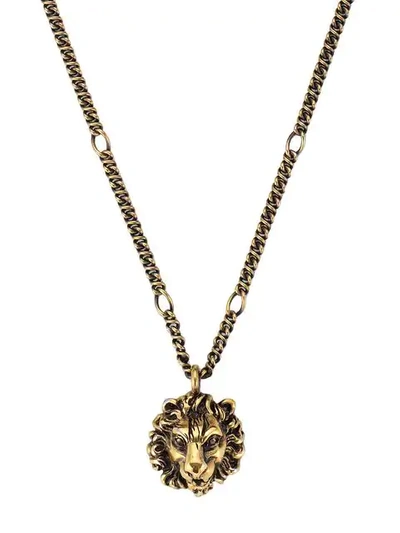 Shop Gucci Lion Head Pendant Necklace In Metallic