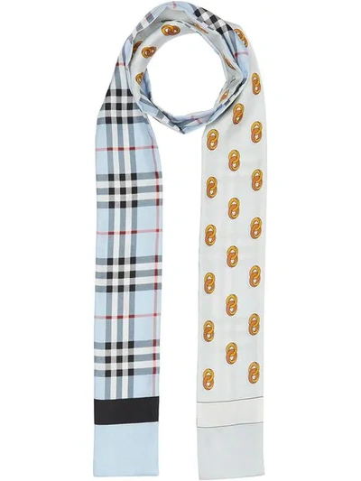 Shop Burberry Vintage Check And Link Print Silk Skinny Scarf In Blue