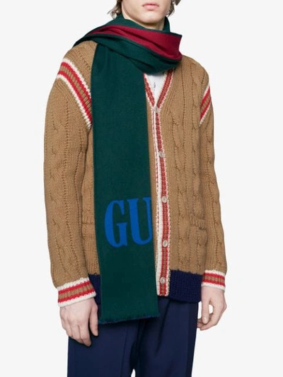 Shop Gucci Jacquard Wool Silk Scarf In Green