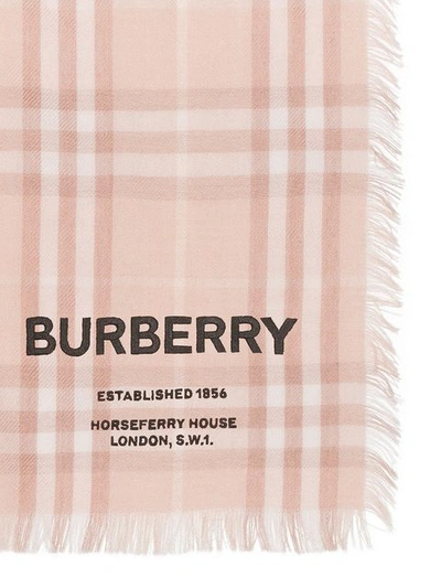 BURBERRY 经典格纹刺绣轻薄羊绒围巾 - 大地色