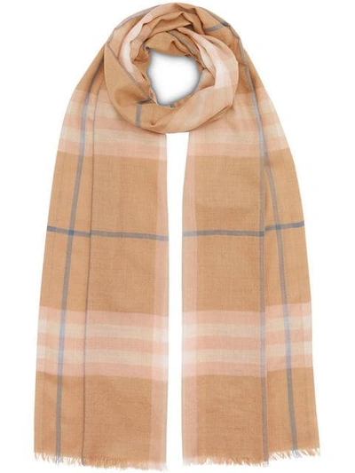 Shop Burberry Lightweight Check Wool And Silk Scarf In Brown