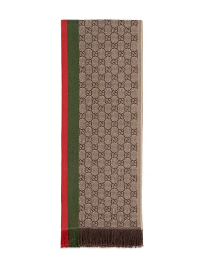 Shop Gucci Gg Jacquard Knit Scarf With Web And Fringe In Brown