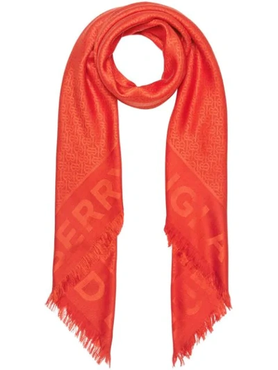 Shop Burberry Monogram Silk Wool Jacquard Large Square Scarf In Orange