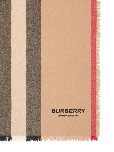 Shop Burberry Icon Stripe Wool Cashmere Scarf In Neutrals